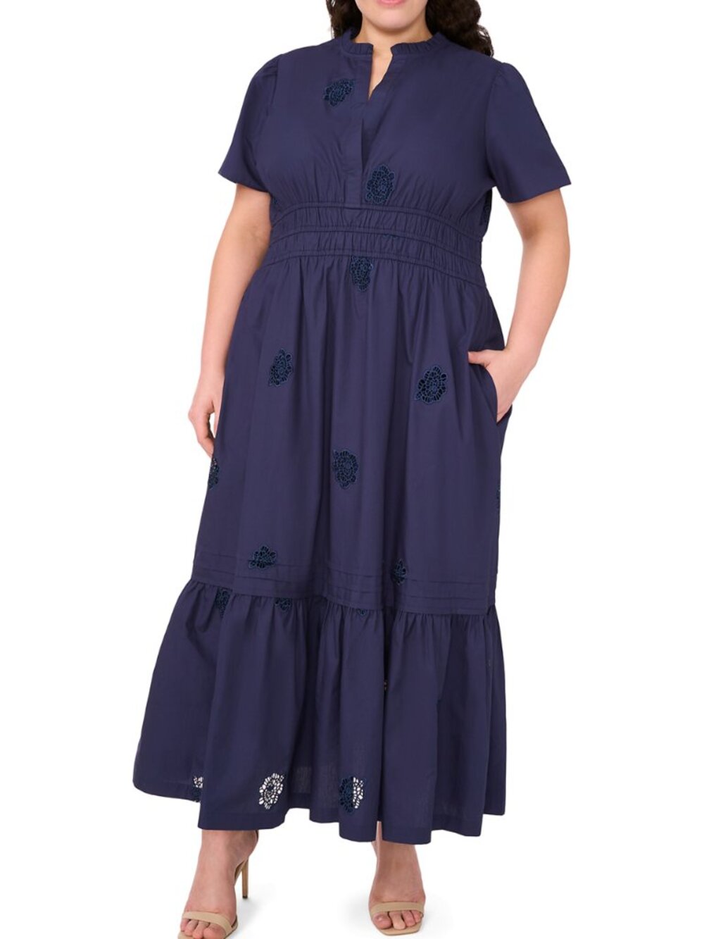 CeCe Floral Embroidered Flounce Hem Cotton Maxi Dress